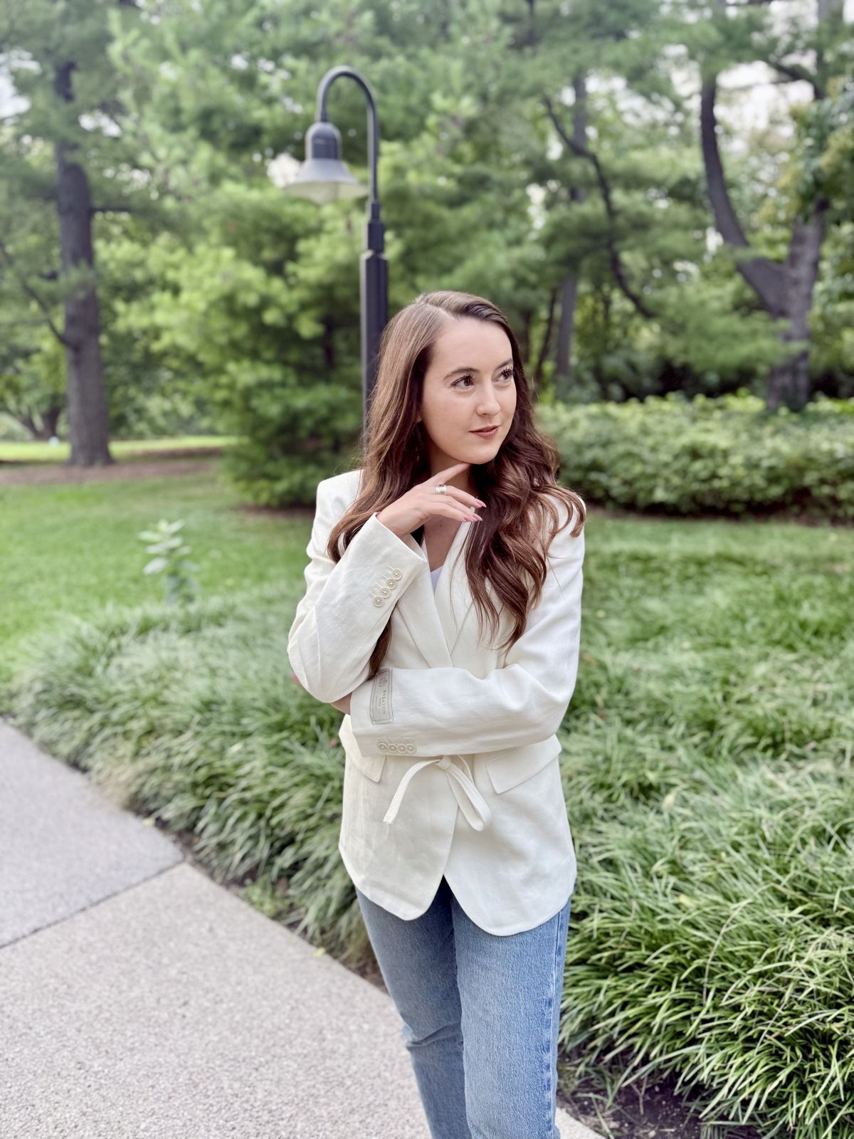 Jacquelyn Mikus in a white blazer outdoors