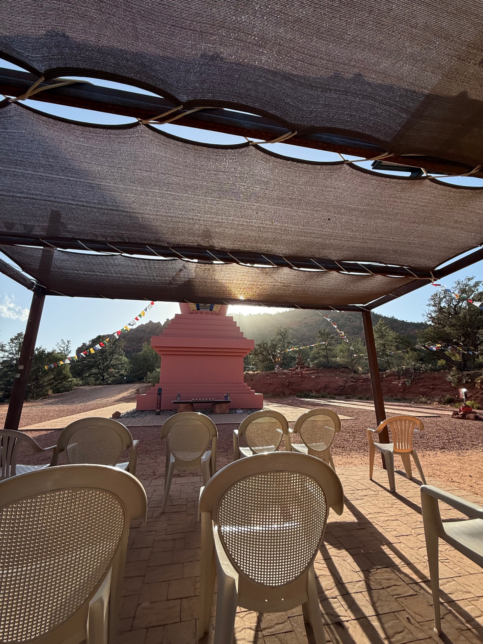 Chairs arranged at the Stupa in Sedona for a meaningful gathering